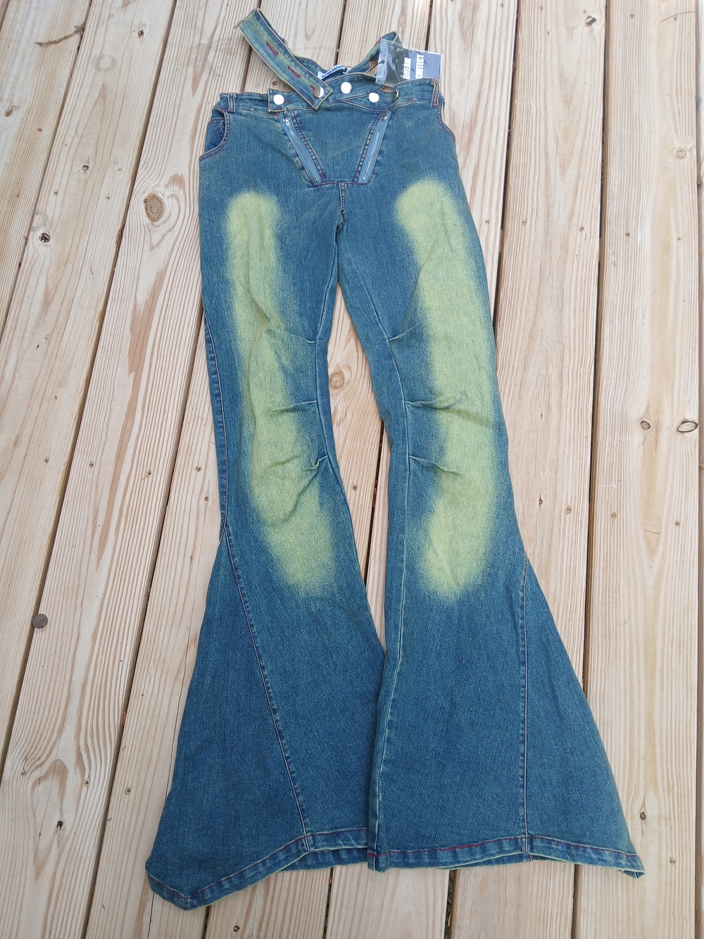 Dream Architect Blue Denim Flare Jeans with Lime Wash Panels